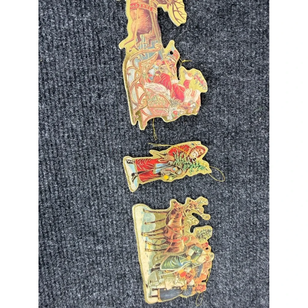 Vintage Style Gold Foil Paper Christmas Ornaments Santa Reindeer‎ Set of 3